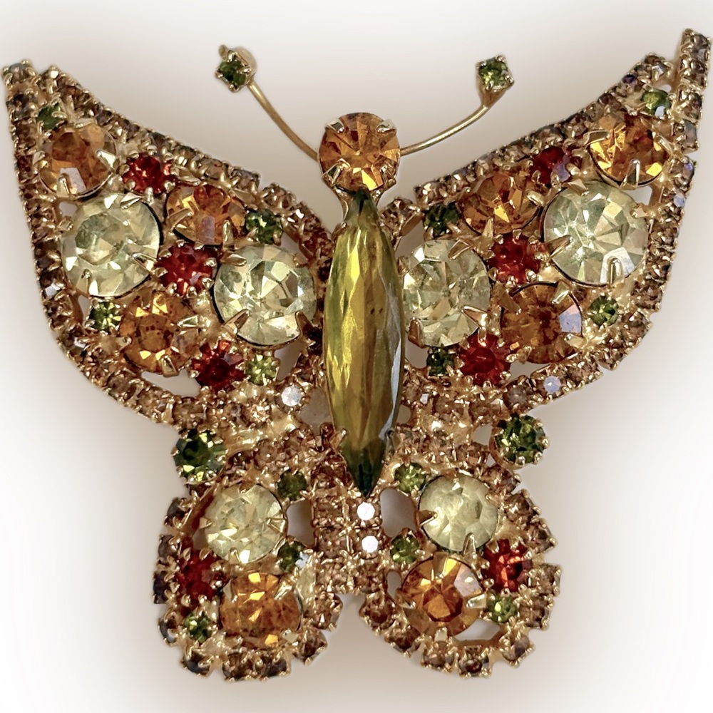Vintage JULIANA D&E Large Fall Green, Topaz, Orange Rhinestone Butterfly Brooch